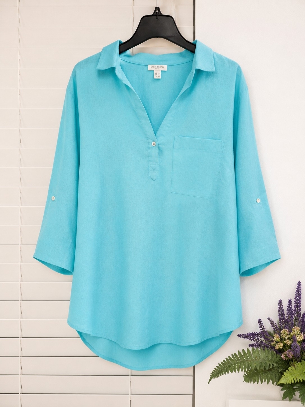 Saint Tropez West Aqua Linen Blend Popover Tunic Top 1X
